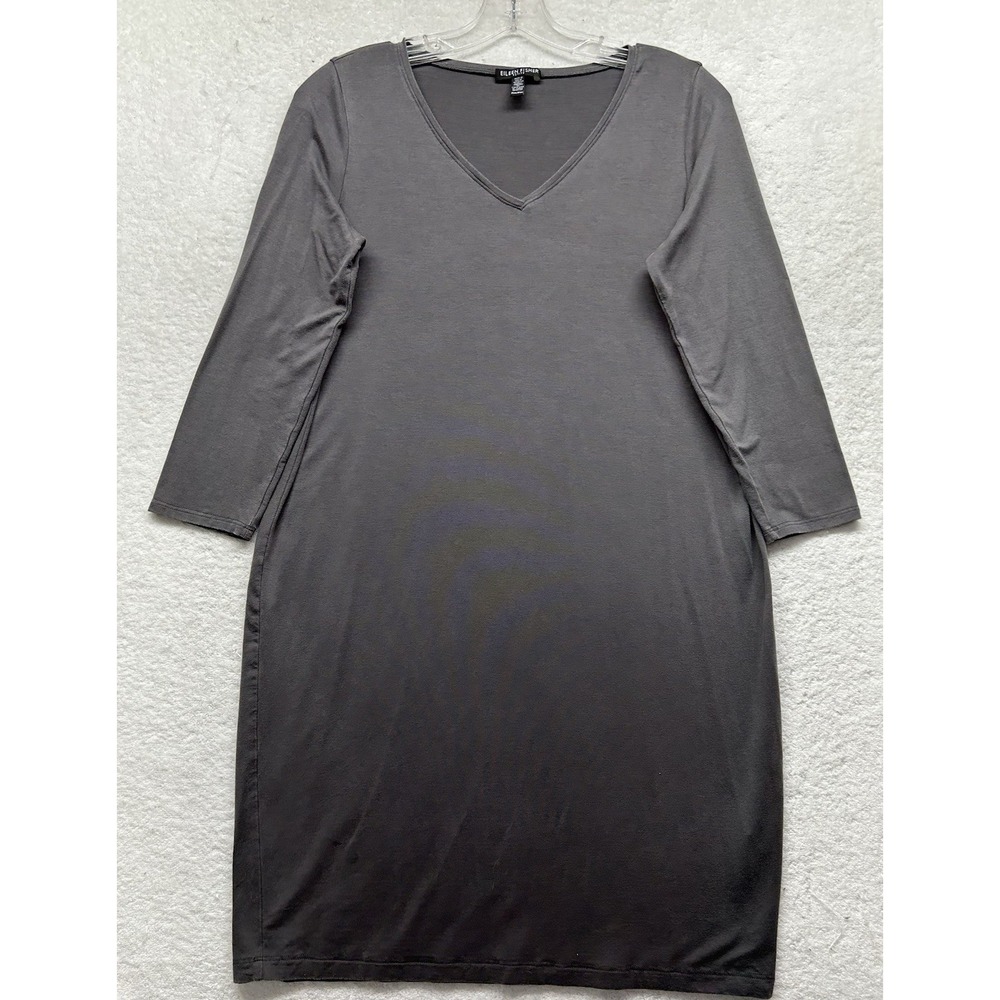 Eileen Fisher Womens Size PM Gray 3/4 Sleeve V Neck Tencel Jersey Dress (U6)